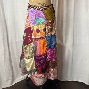 Vintage Kathmandu Imports Patchwork Repurposed Silk Sari Wrap Skirt One Size